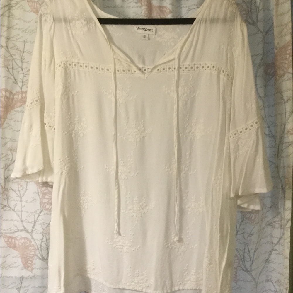 Westport White embroidered top with bell sleeve